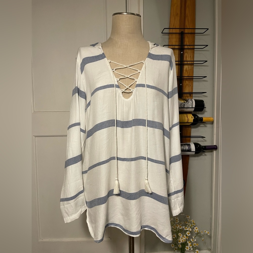 NWT Billabong Striped Beach Swim Cover-Up Tunic Hoodie Top Large Boho Surfer